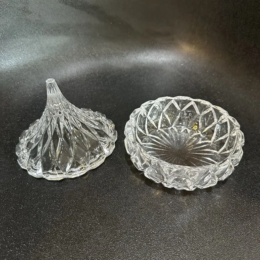 Clear Glass Geometric Cut Glass Bowl with Lid Hersey Kiss Crystal Fairy Garden